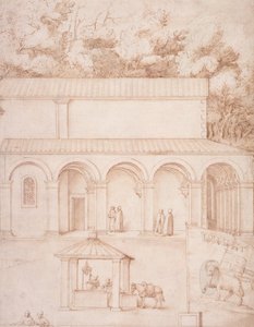 PD.54-1997 La Verna修道院，庭院和井的视图，c.1607-12（纸上用水洗，纸笔） 作者 雅各布·利戈齐（Jacopo Ligozzi）